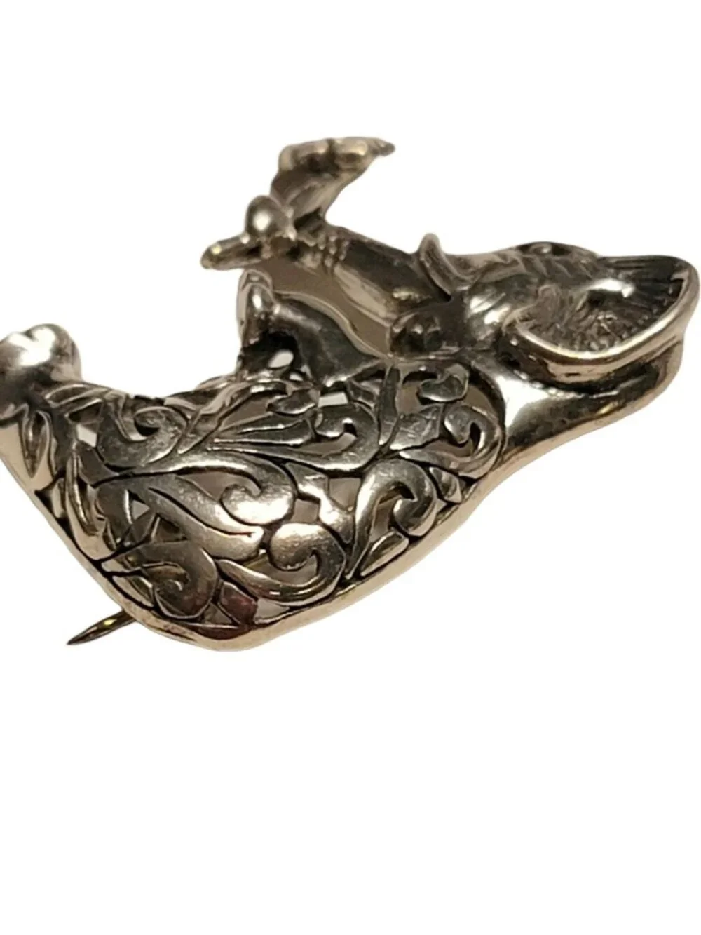 Jezlaine Sterling Silver Scrolled Elephant With Flower Pin Brooch, Signed